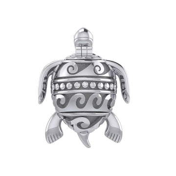 Turtle with Wave Design on The Shell Silver Locket Pendant and Pin in One TPD6113 - Jewelry